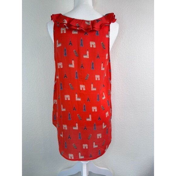 Maeve Anthropologie women's 6 orange asymmetrical hem Eiffel tower ruffle tank - Picture 3 of 7